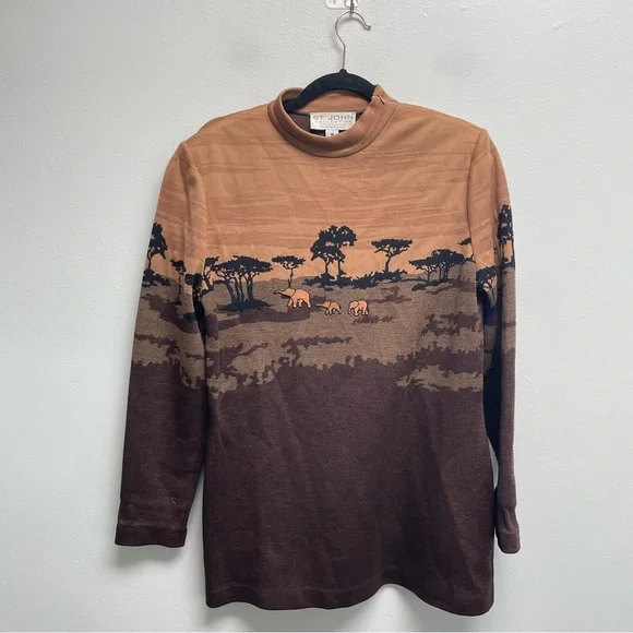 St. John mock neck sweater safari elephant print knit size medium - Picture 1 of 8